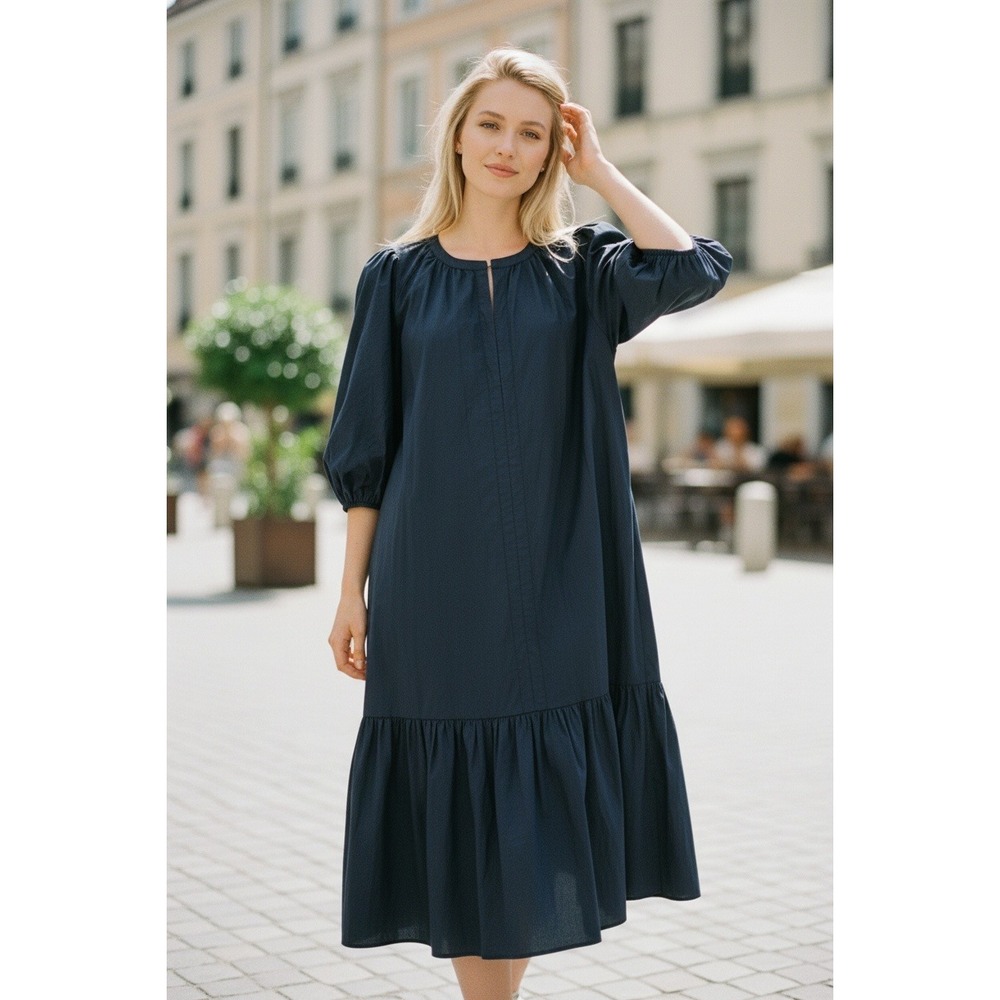 Tuckernuck SZ SM Navy Blue Lyles Cotton Poplin Tiered Midi Dress Puff Sleeve‎